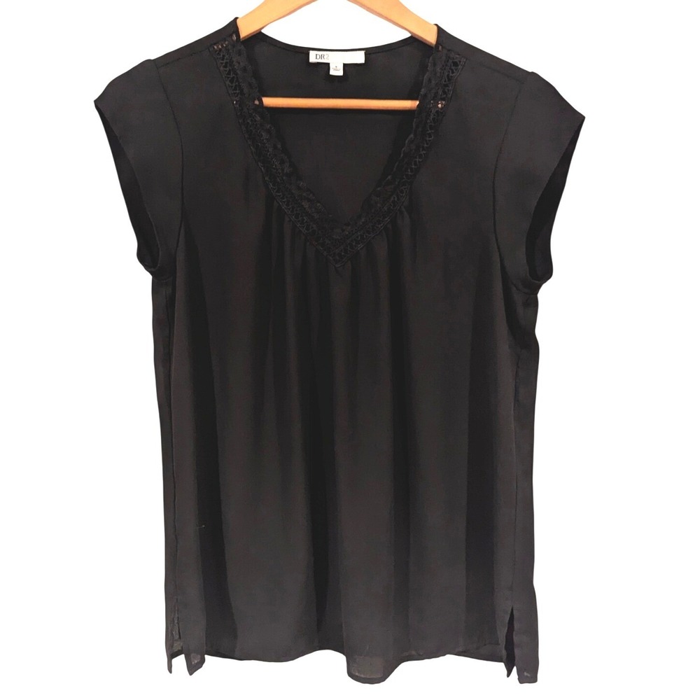DR2‎ by Daniel Rainn Black Lace Trim V-Neck Blouse S Whimsigoth Dark Academia Sm